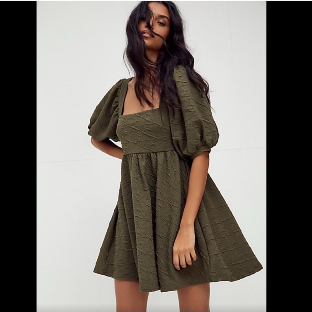 Free People Olive Green Puff Sleeve Dress